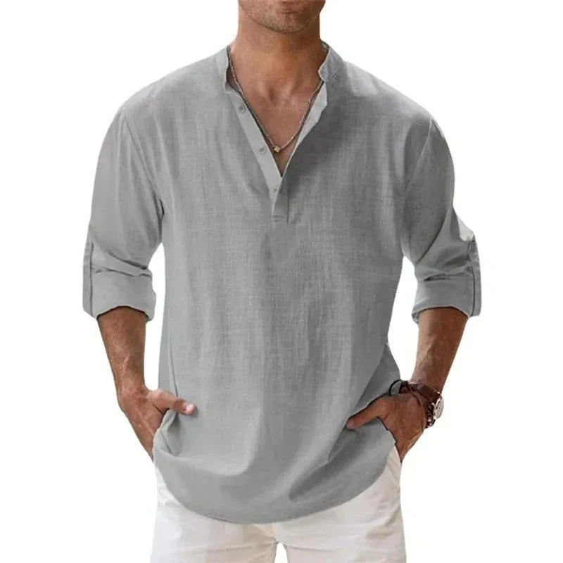 Caleb | Men's Linen Long Sleeve Grandad Collar Shirt