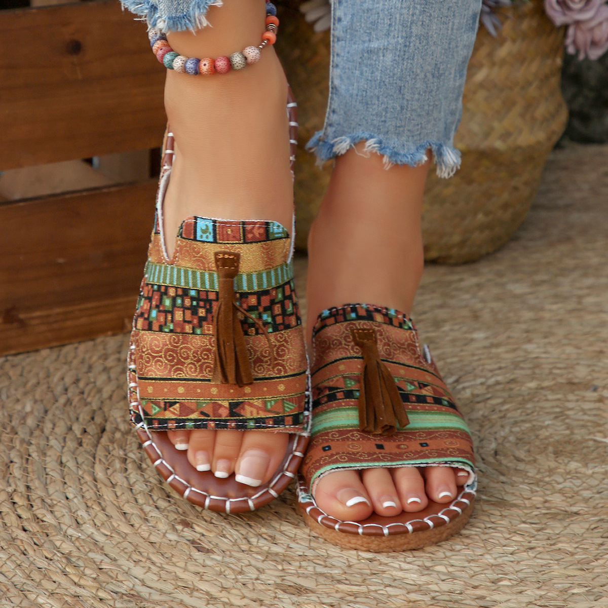 Aria | Women's Slide Sandals Open Toe Tassel Bohemian Flat