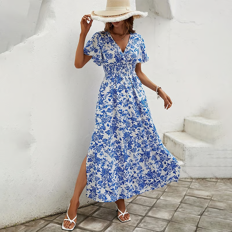 Margaret | Women's Boho Printed V Neck Short Sleeve Maxi Dress