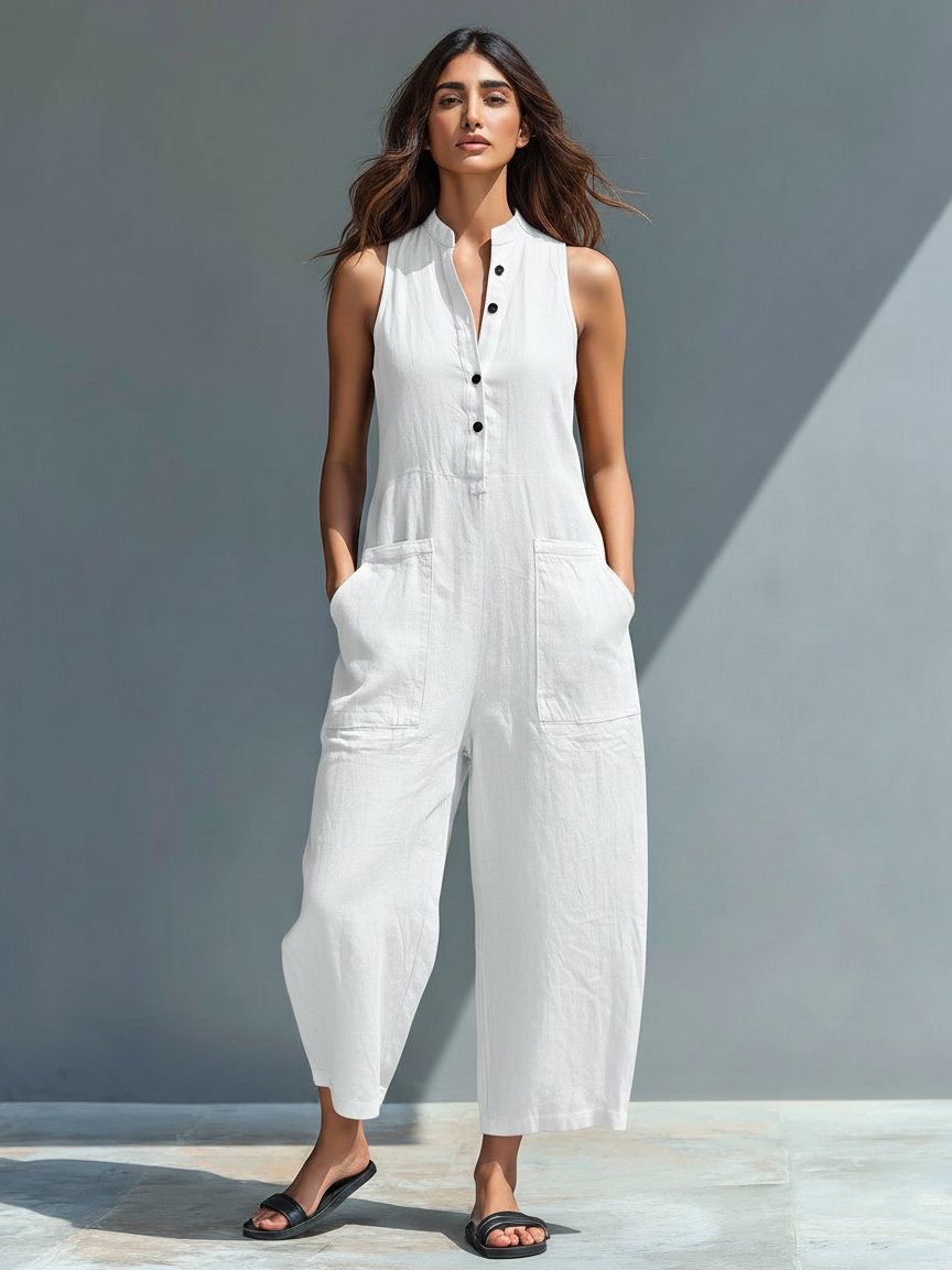 Chloe | Jumpsuit Linen Blend Stand Collar Button-Up Sleeveless