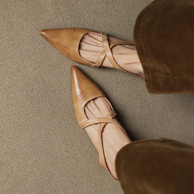 Harper | Leather Mules Cross-Strap Pointed Toe Low Heel Slip-On