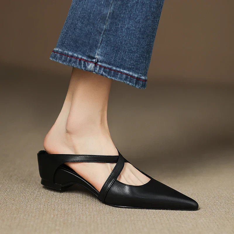 Harper | Leather Mules Cross-Strap Pointed Toe Low Heel Slip-On