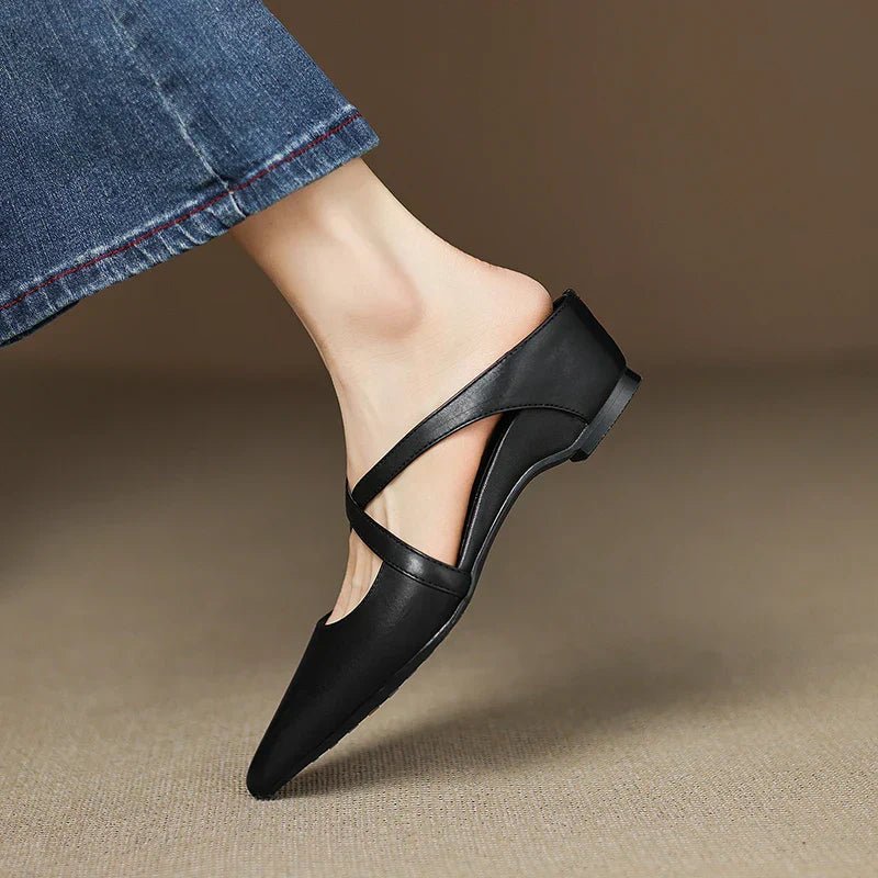 Harper | Leather Mules Cross-Strap Pointed Toe Low Heel Slip-On