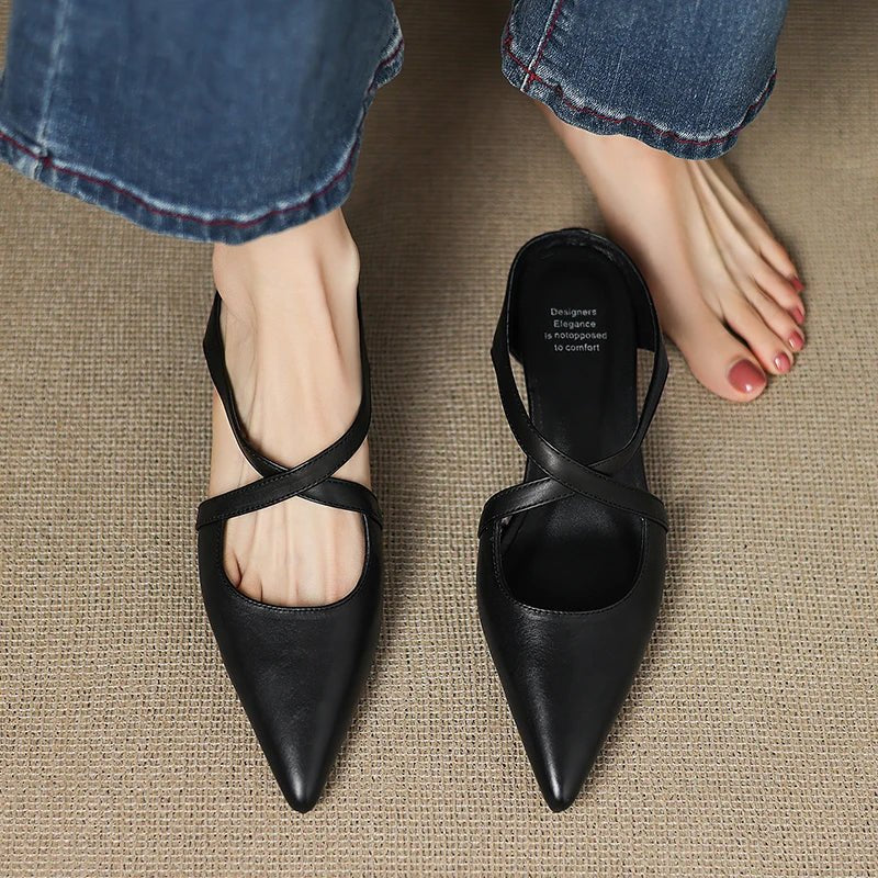 Harper | Leather Mules Cross-Strap Pointed Toe Low Heel Slip-On