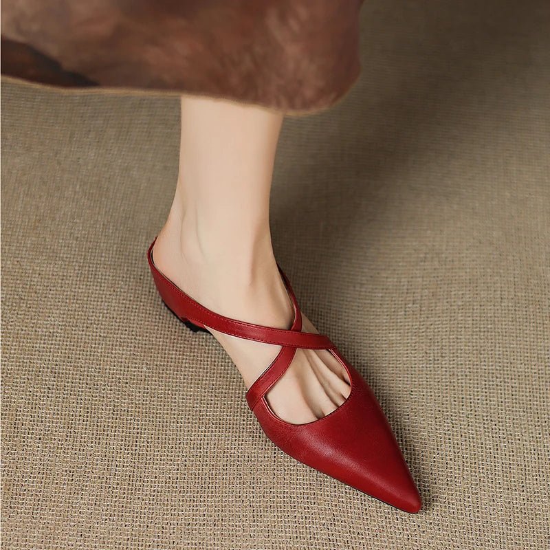Harper | Leather Mules Cross-Strap Pointed Toe Low Heel Slip-On