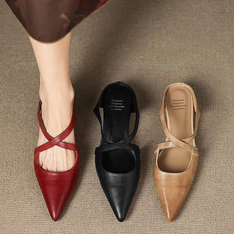 Harper | Leather Mules Cross-Strap Pointed Toe Low Heel Slip-On