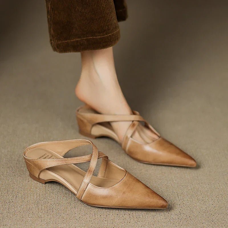 Harper | Leather Mules Cross-Strap Pointed Toe Low Heel Slip-On