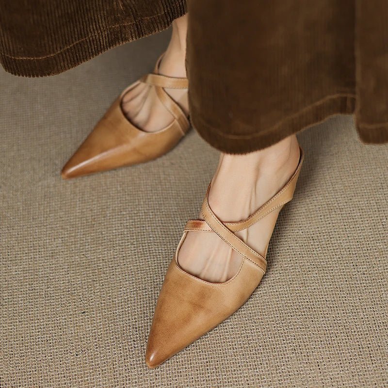 Harper | Leather Mules Cross-Strap Pointed Toe Low Heel Slip-On
