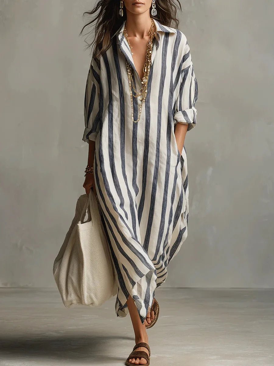 Olivia | Linen Shirt Dress V-Neck Striped Maxi Long Sleeve Loose Fit