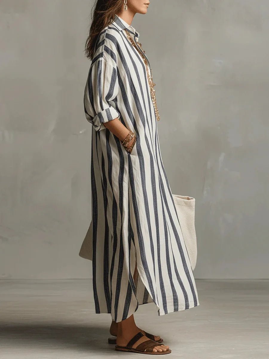 Olivia | Linen Shirt Dress V-Neck Striped Maxi Long Sleeve Loose Fit