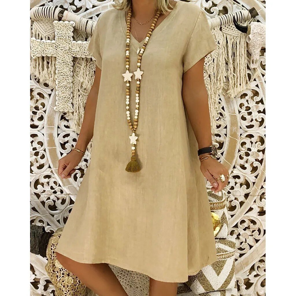 Evelyn | Linen V-Neck A-Line Mini Dress Short Sleeve Summer