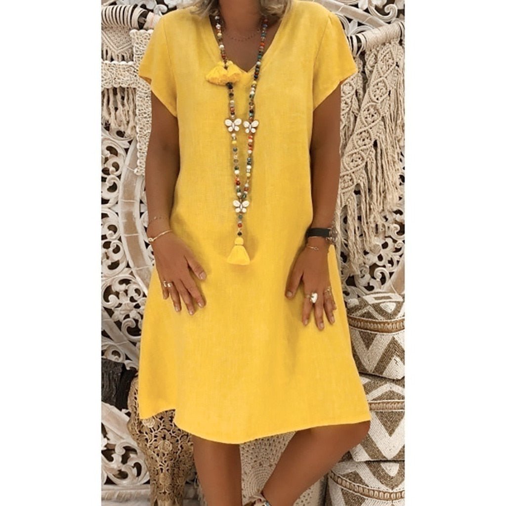 Evelyn | Linen V-Neck A-Line Mini Dress Short Sleeve Summer
