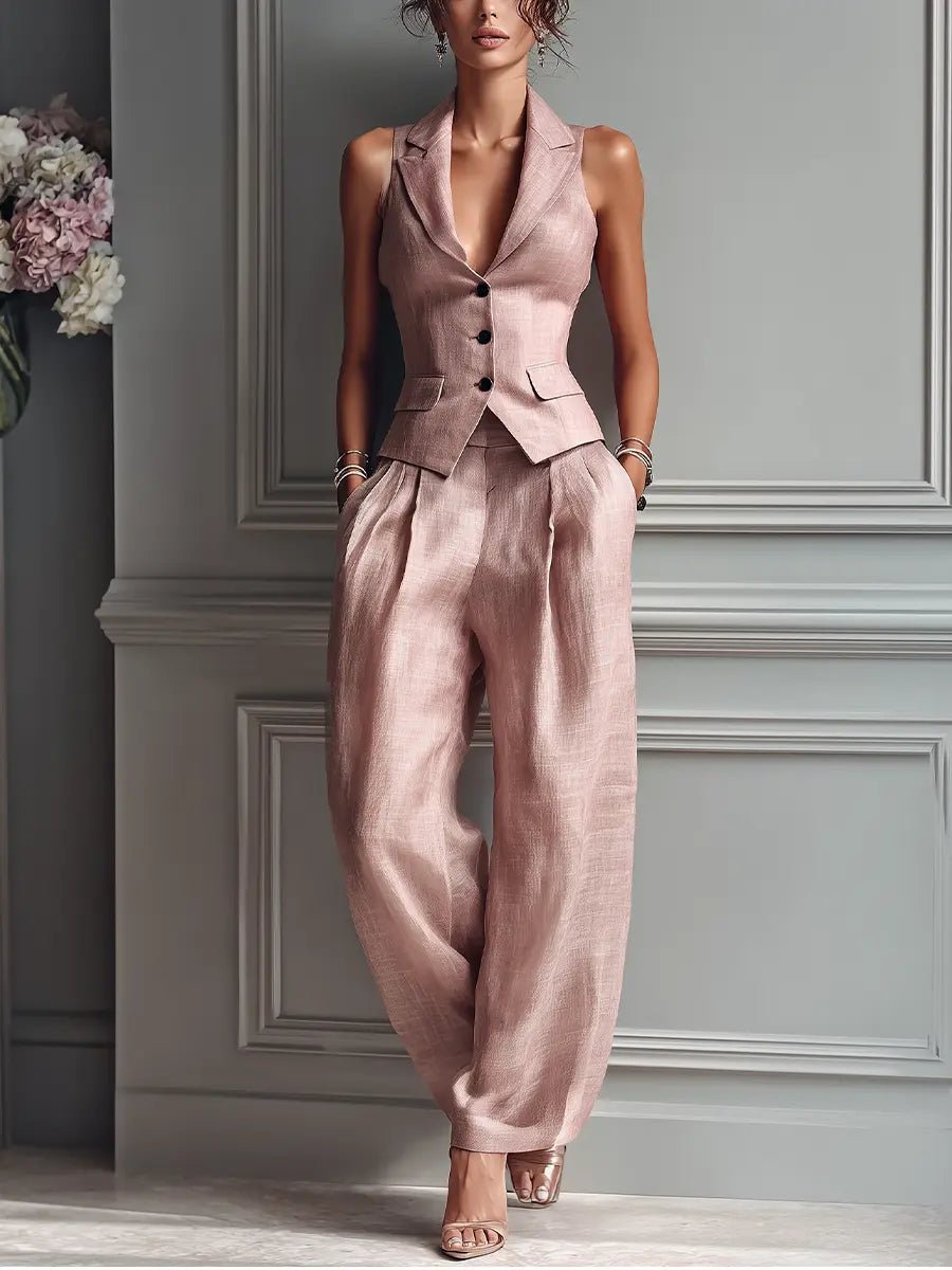 Olivia | Linen Vest Wide Leg Pants Set Sleeveless Lapel