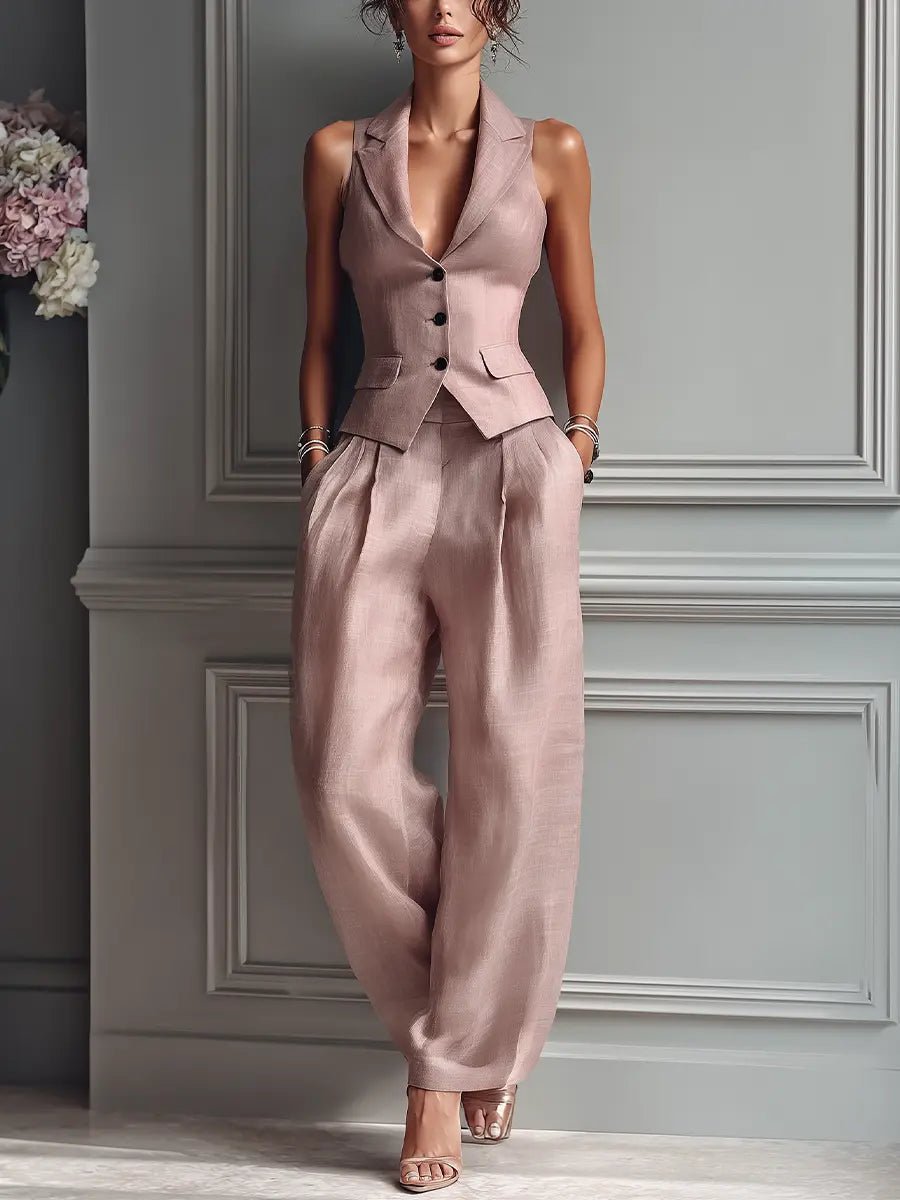 Olivia | Linen Vest Wide Leg Pants Set Sleeveless Lapel