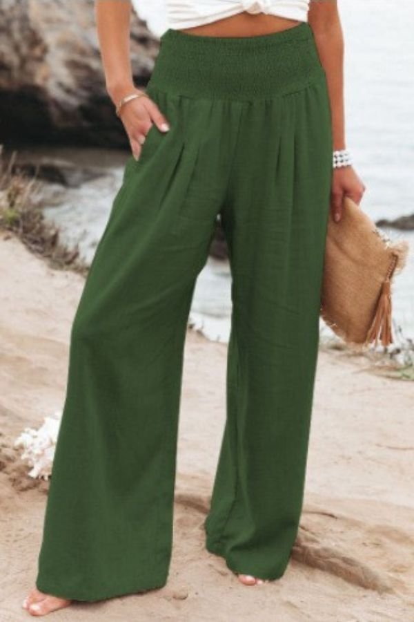 Sophia | Linen Wide Leg Pants High Waisted Smocked Waist Flowing