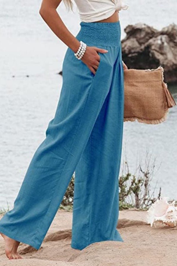 Sophia | Linen Wide Leg Pants High Waisted Smocked Waist Flowing