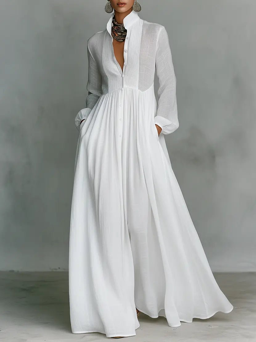 Evelyn | Maxi Dress Cotton Linen Blend Stand Collar Button Front