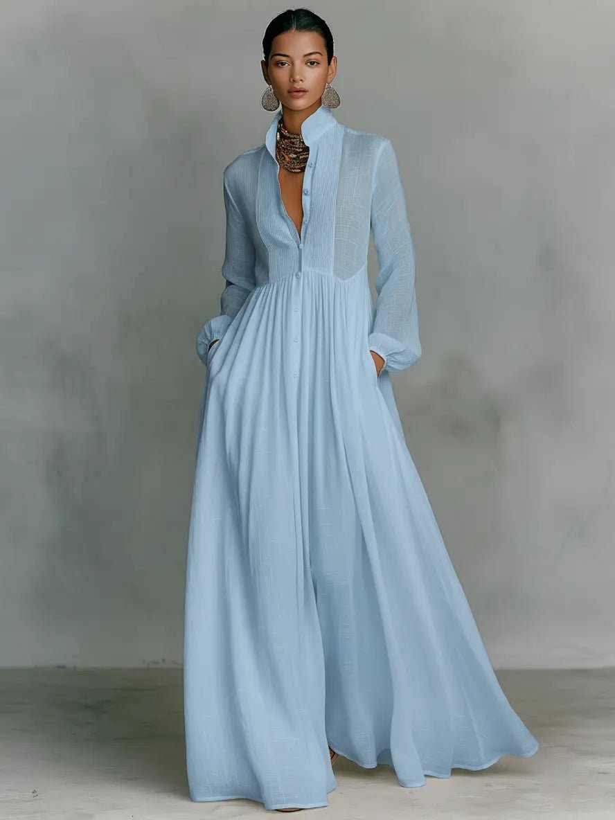 Evelyn | Maxi Dress Cotton Linen Blend Stand Collar Button Front