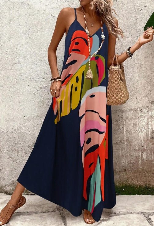 Scarlett | Maxi Dress Tropical Leaf Print V-Neck Sleeveless