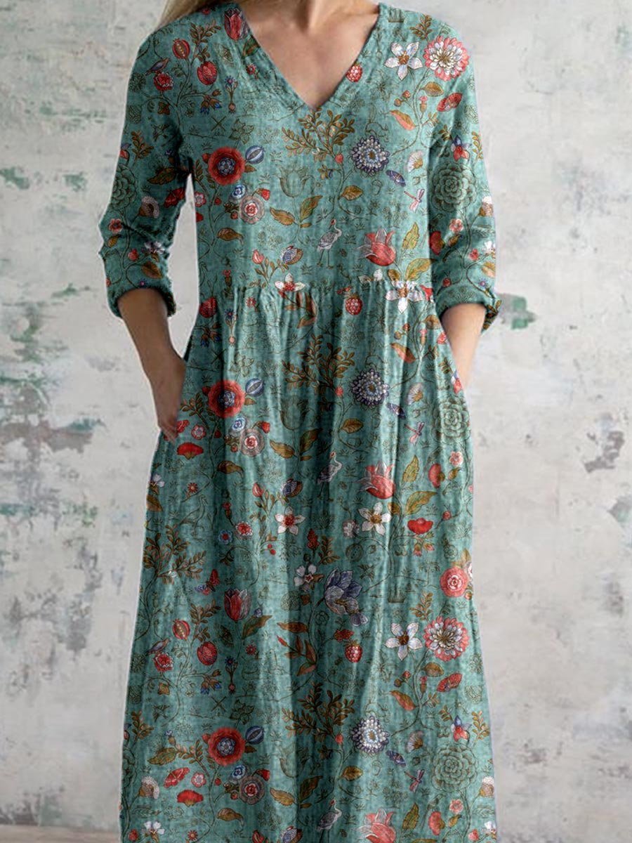 Harper | Maxi Dress V-Neck Cotton Bohemian Three Quarter Sleeve Pockets
