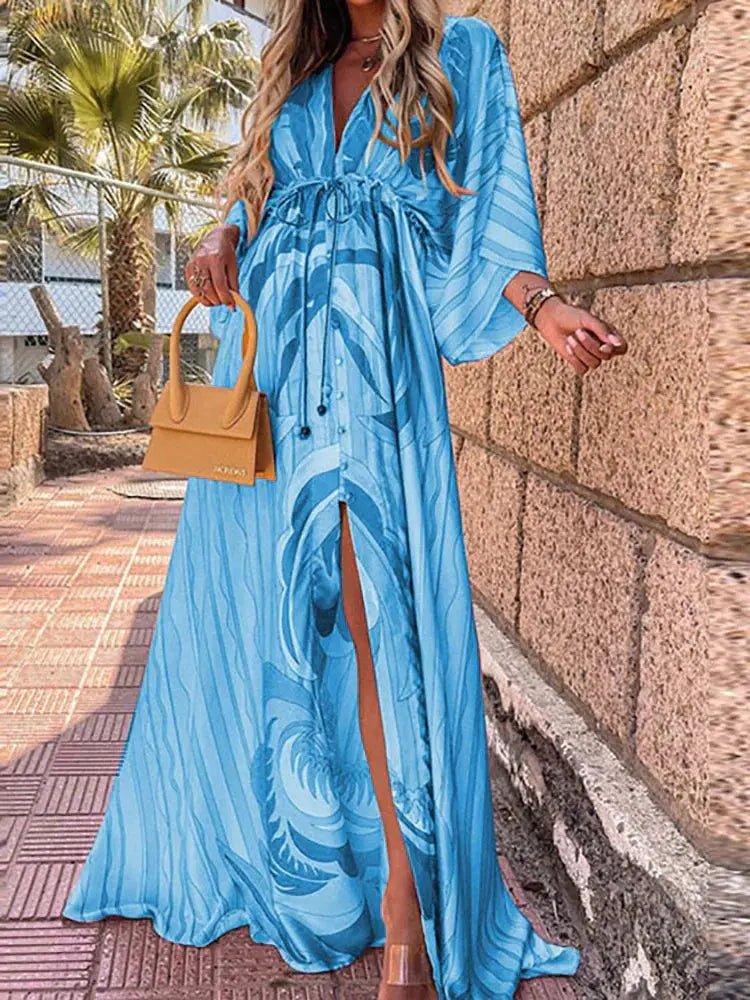Mia | Maxi Dress V-Neck Kimono Sleeve Abstract Print Split