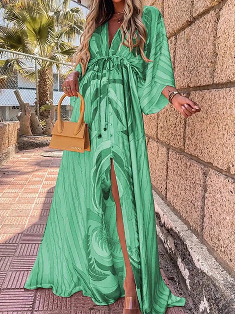 Mia | Maxi Dress V-Neck Kimono Sleeve Abstract Print Split