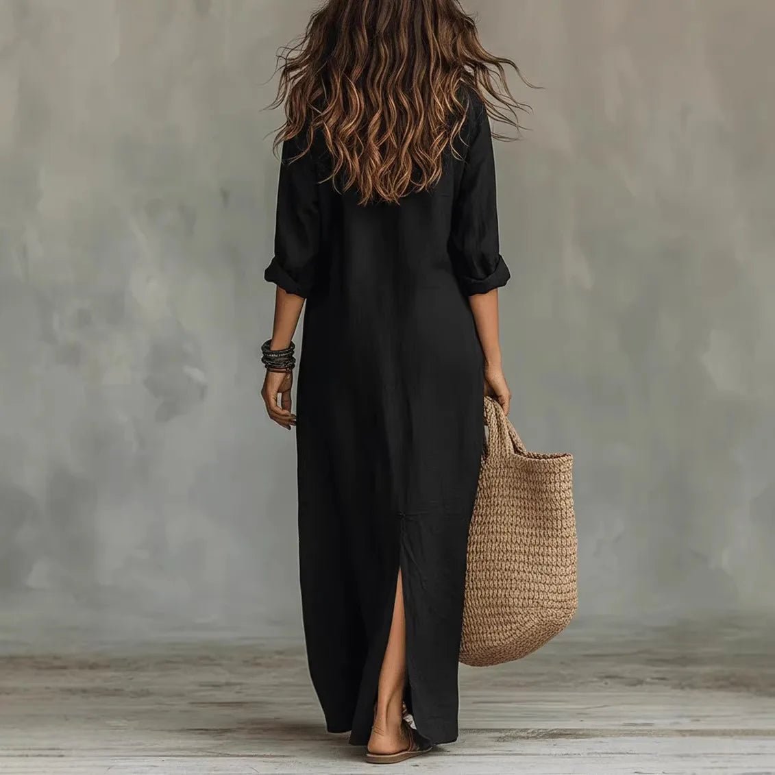Chloe | Maxi Shirt Dress Three Quarter Sleeves Linen Cotton Loose