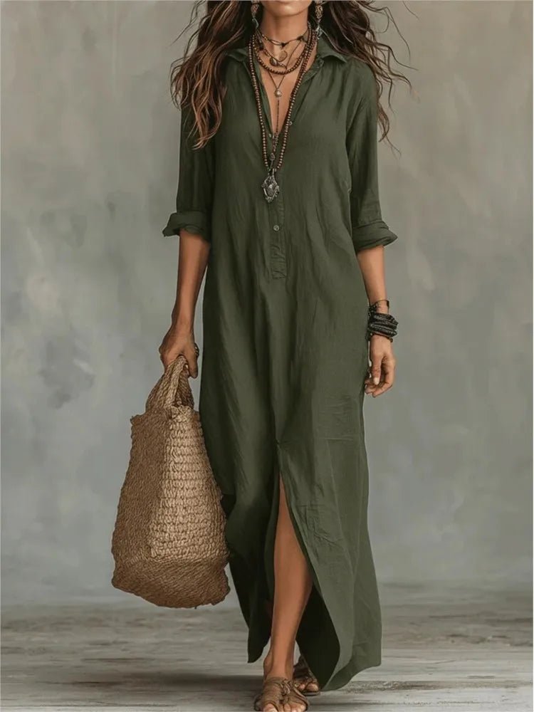 Chloe | Maxi Shirt Dress Three Quarter Sleeves Linen Cotton Loose