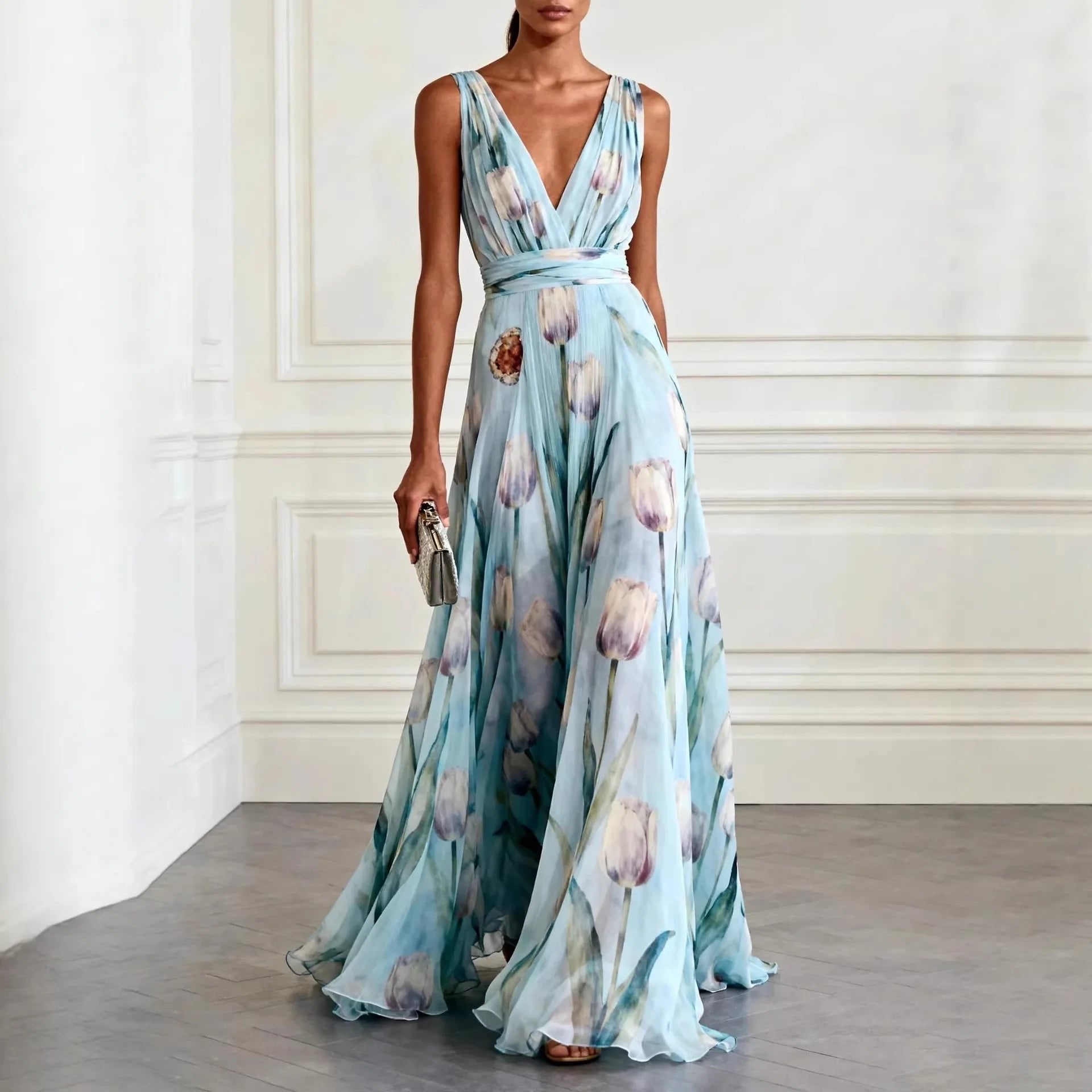 Harper | Maxi Wrap Dress Deep V-Neck Chiffon Sleeveless Floor Length