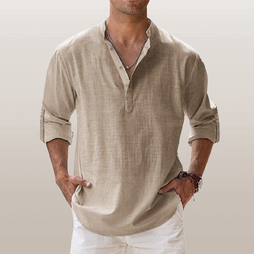 Caleb | Men's Linen Long Sleeve Grandad Collar Shirt