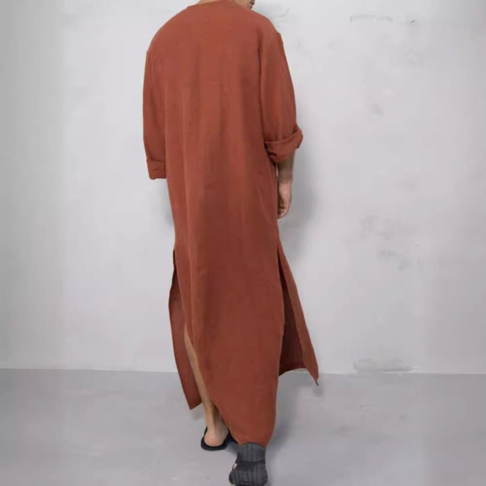 Ryan | Men's Relaxed-Fit Maxi Linen Kaftan Tunic Stand-Collar Button Placket