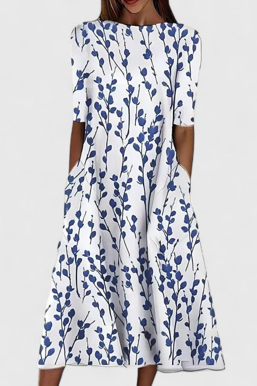 Olivia | Midi Dress Cotton Round Neck Short Sleeve A-Line Pockets