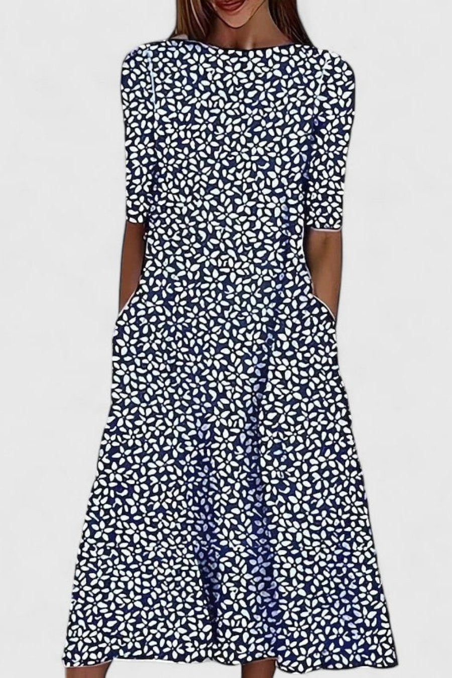 Olivia | Midi Dress Cotton Round Neck Short Sleeve A-Line Pockets