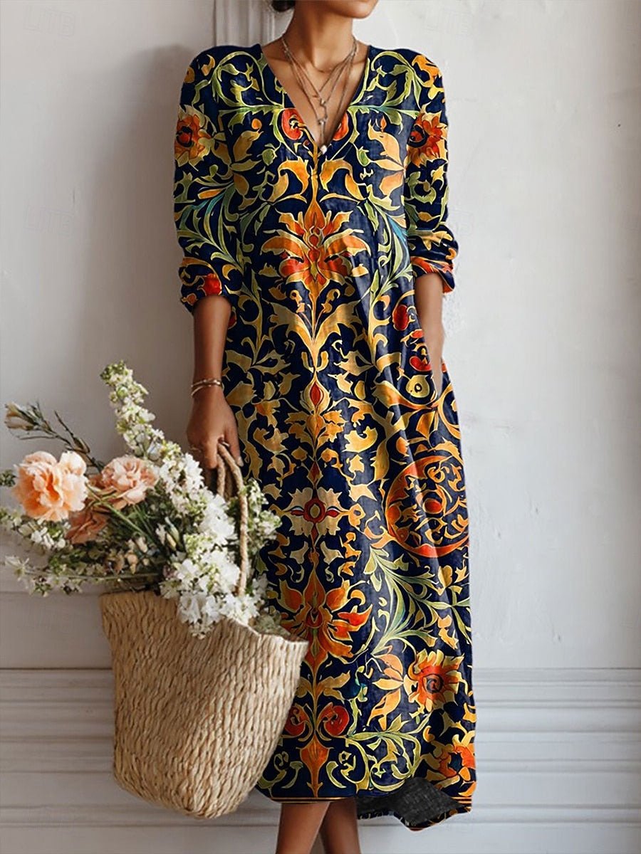 Layla | Midi Dress V-Neck Cotton Boho Baroque Print 3/4 Sleeve