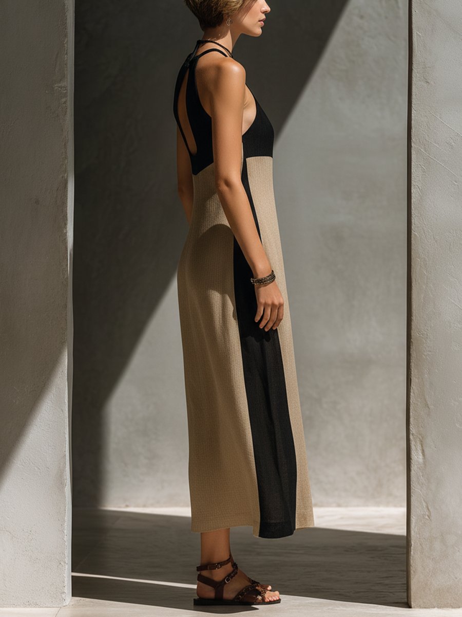 Amelia | Midi Halter Dress Keyhole Cutout Color Block Cotton Blend