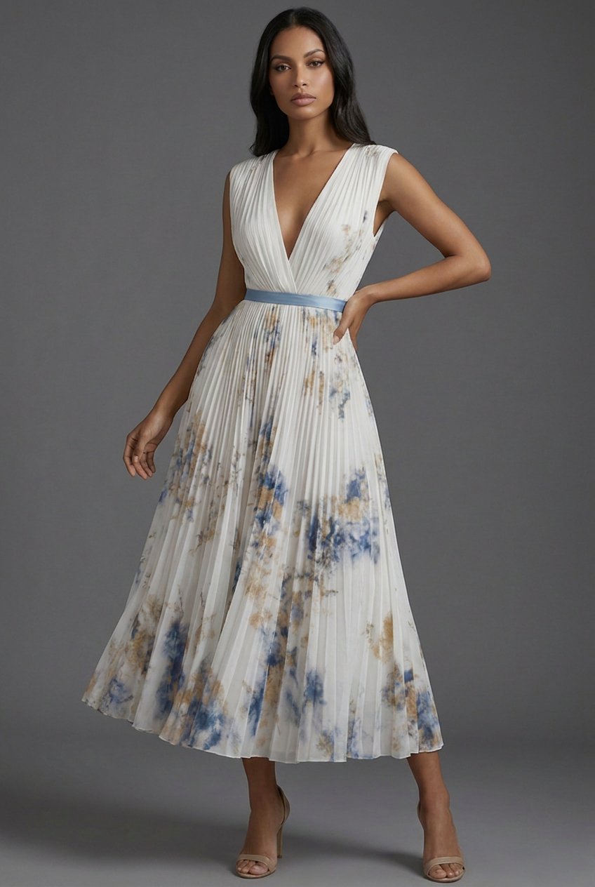 Luna | Mother of the Bride Dress Pleated Floral V-Neck Midi