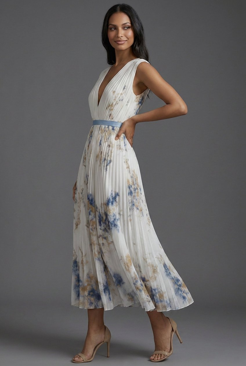 Luna | Mother of the Bride Dress Pleated Floral V-Neck Midi