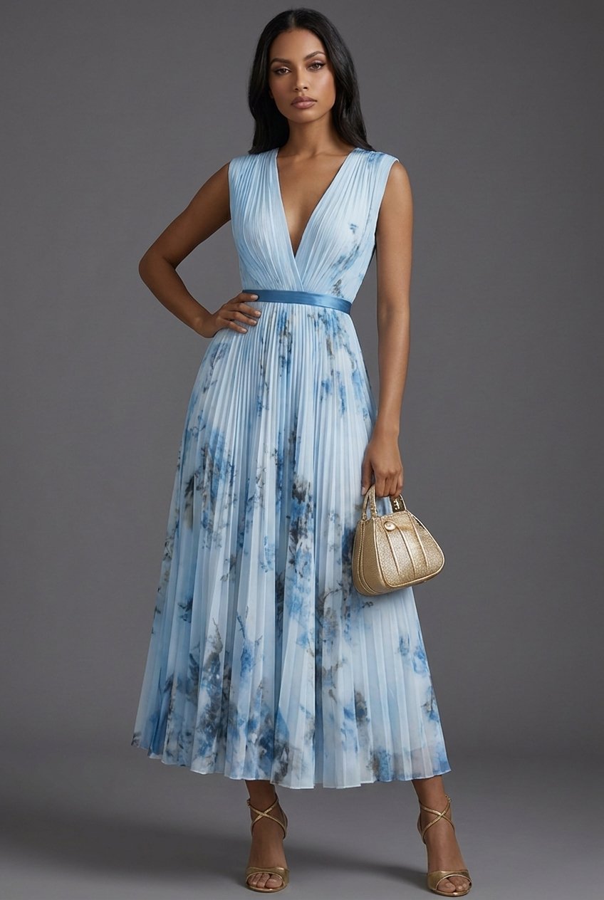 Luna | Mother of the Bride Dress Pleated Floral V-Neck Midi