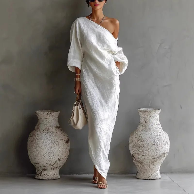 Evelyn | One Shoulder Linen Maxi Dress Asymmetrical Relaxed Fit