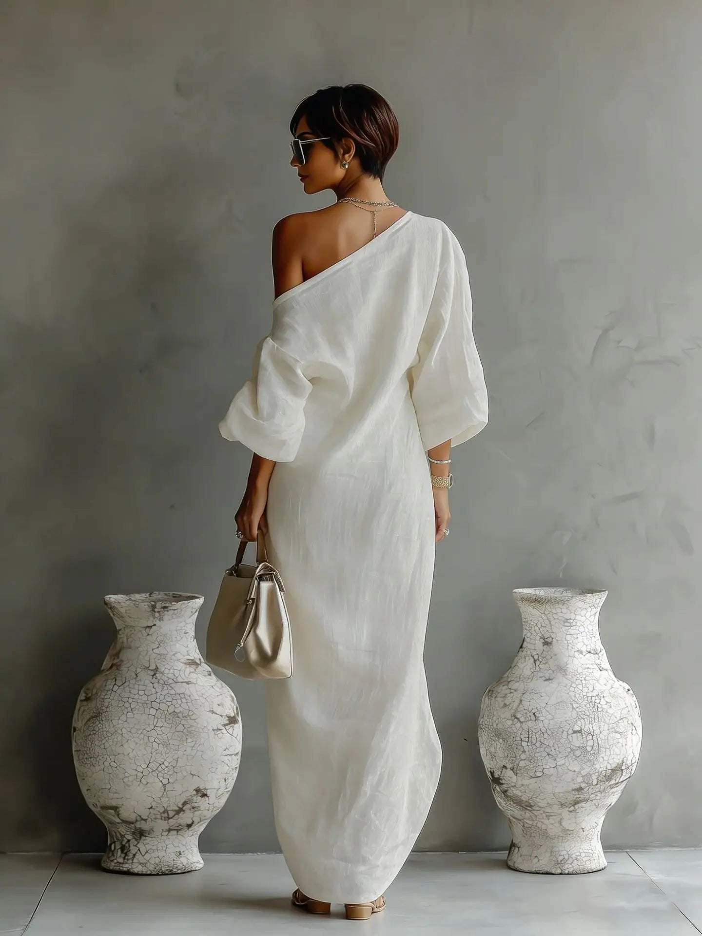 Evelyn | One Shoulder Linen Maxi Dress Asymmetrical Relaxed Fit