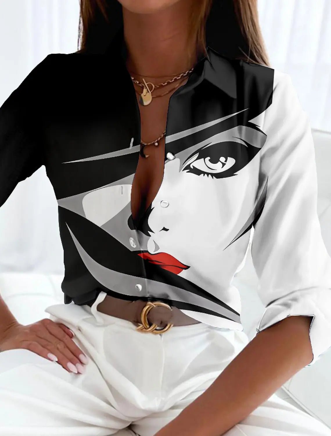 Chloe | Plus Size Button-Up Shirt Abstract Geometric Print Casual