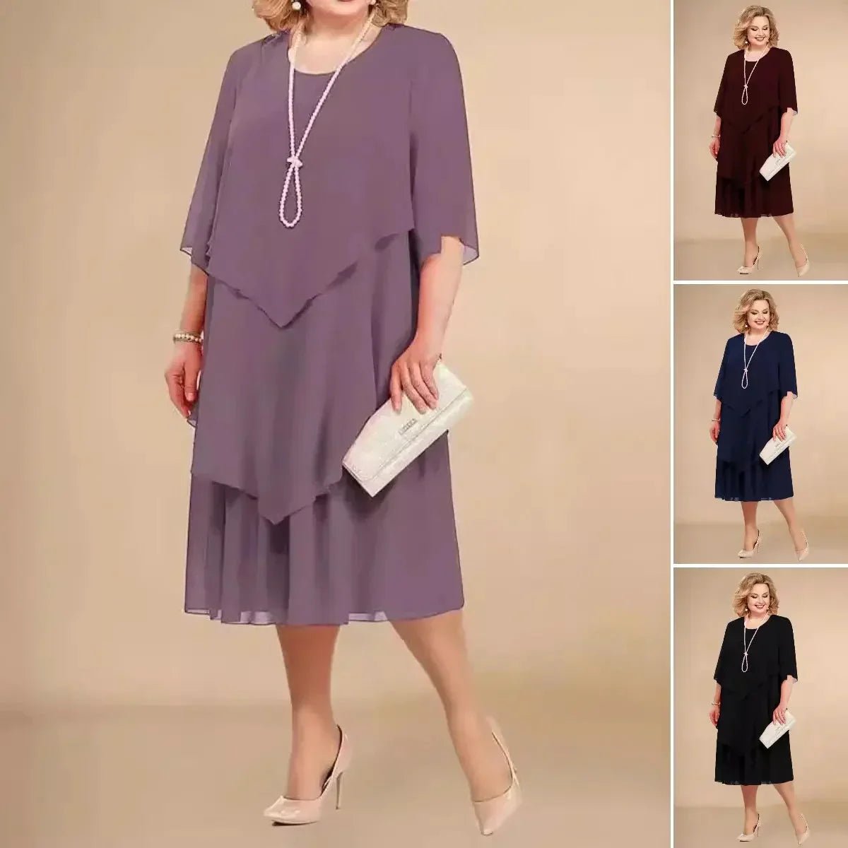 Eleanor | Plus Size Chiffon Dress Layered Asymmetrical Knee Length