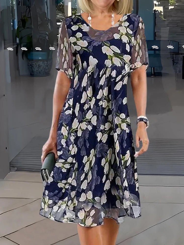 Camila | Plus Size Floral Midi Dress Round Neck Short Sleeve A-Line