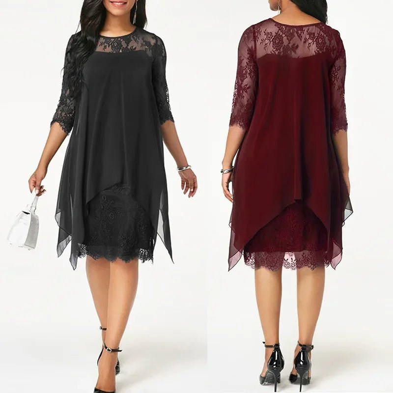 Scarlett | Plus Size Lace Chiffon Dress Quarter Sleeve Asymmetrical Hem