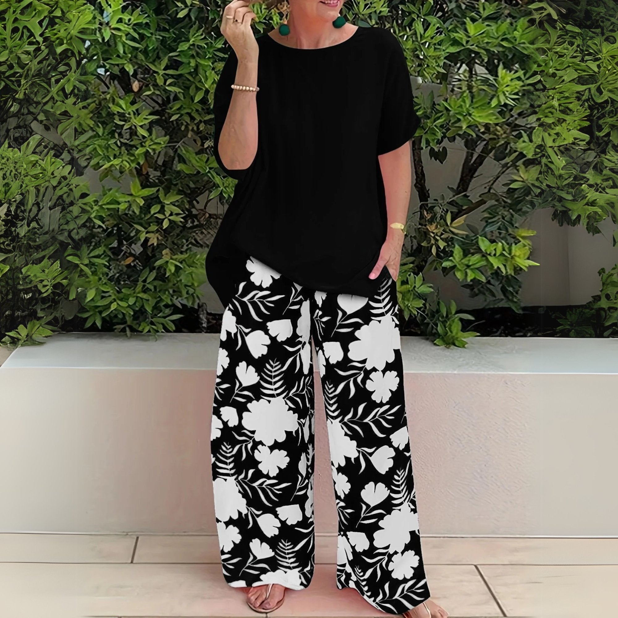 Madison | Plus Size Two-Piece Set Floral Wide-Leg Pants Relaxed Top