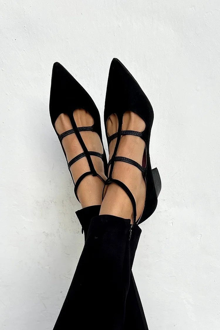 Scarlett | Pointed Toe Flats Strappy Ankle Strap Low Block Heel