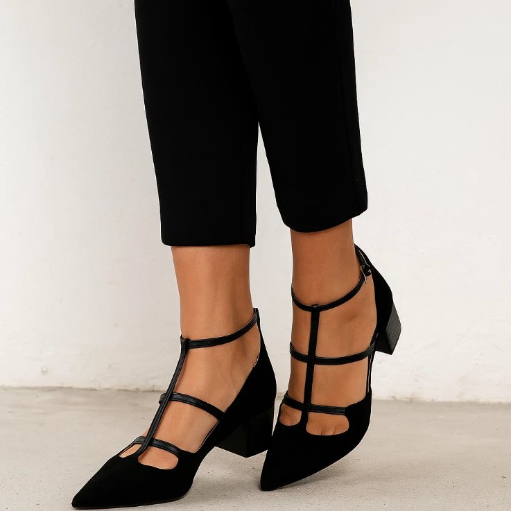 Scarlett | Pointed Toe Flats Strappy Ankle Strap Low Block Heel