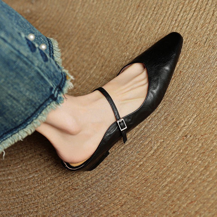 Layla | Pointed Toe Mules Genuine Leather Mary Jane Strap