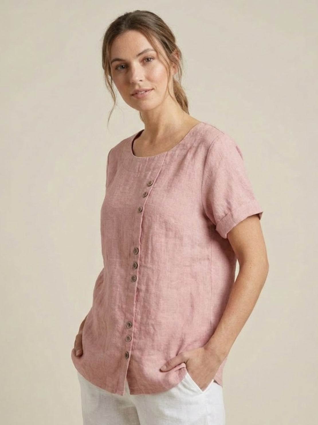 Taylor | Women’s Linen Round Neck Button Blouse