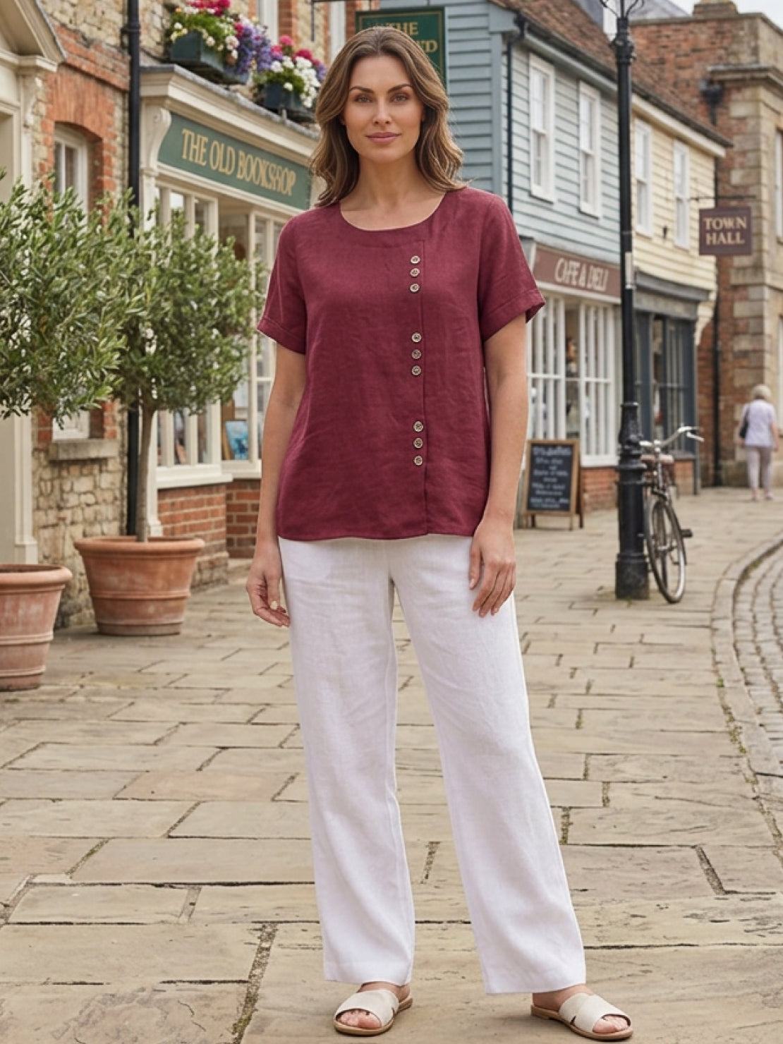 Taylor | Women’s Linen Round Neck Button Blouse